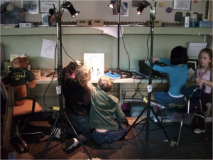 Students from Highlands School in Edina, MN, explore stage lighting techniques.