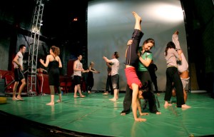 Adults participate in a movement program at STREB SLAM.