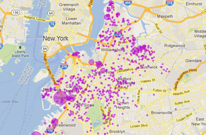 A visual map plotting locations of artist studios nominated in the Brooklyn Museum's GO project