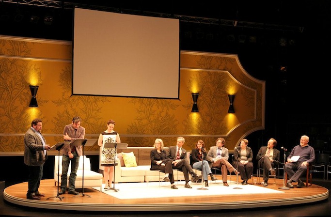 Artists and staff participate together in the season announcement at Geva Theatre Center. Photo: Renée C. Veniskey.