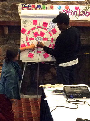 Ariston and fellow ROOTS team member Carrie Brunk work on one of the illustration drafts during the retreat. Image: Shannon Turner, Alternate ROOTS.