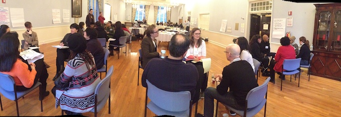 Participants in EmcArts' recent New Pathways for Arts Development in New York join in an activity that helps collaborate and collect feedback from other organizations. Image: EmcArts.